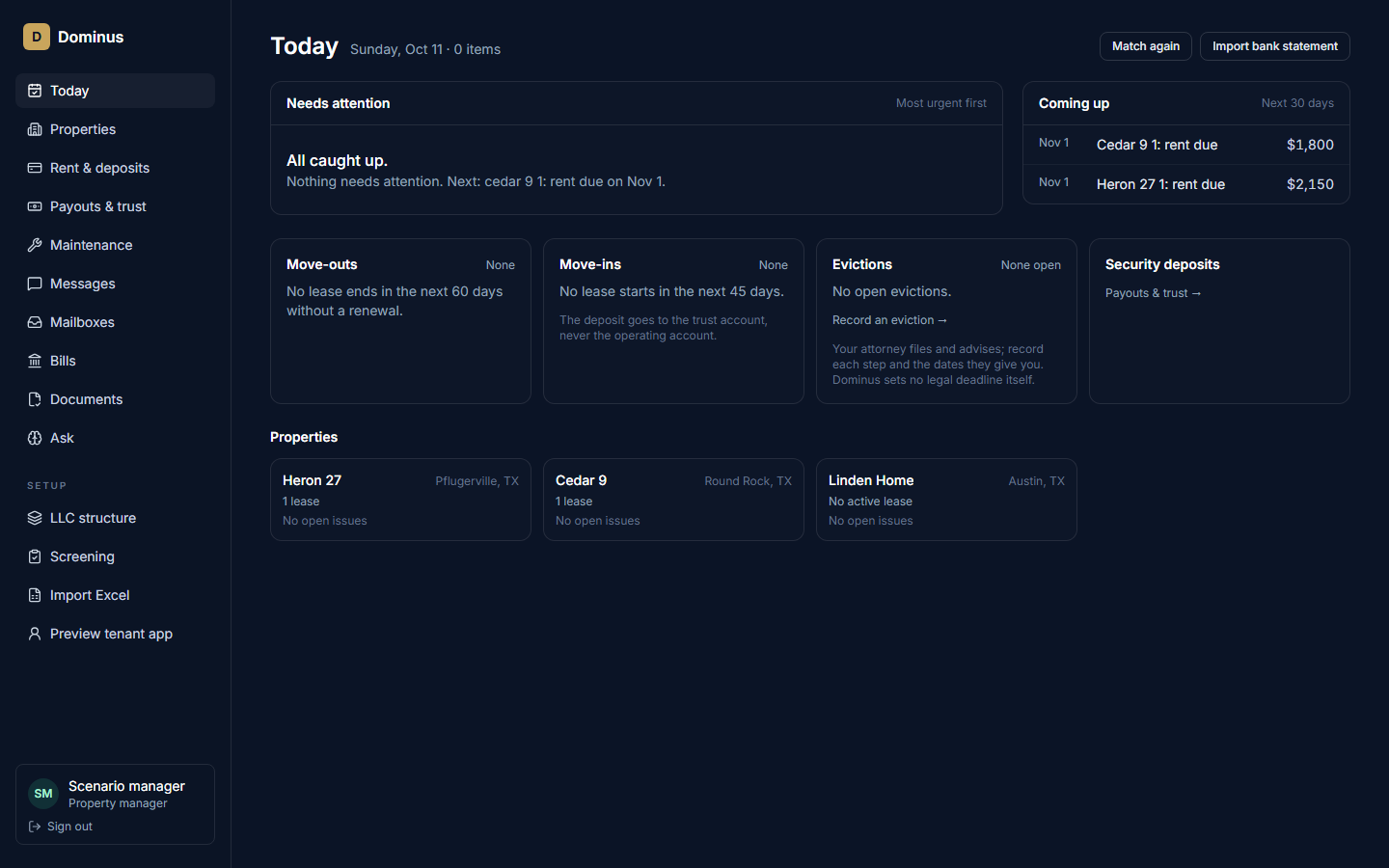 The Dominus Today screen: all caught up, rent coming due on the 1st, move-outs, move-ins, evictions and security deposits