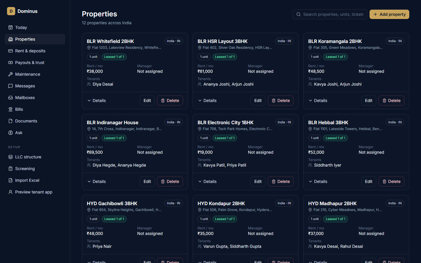 Properties: twelve flats and houses across Bengaluru and Hyderabad, each with its monthly rent in rupees and its tenants