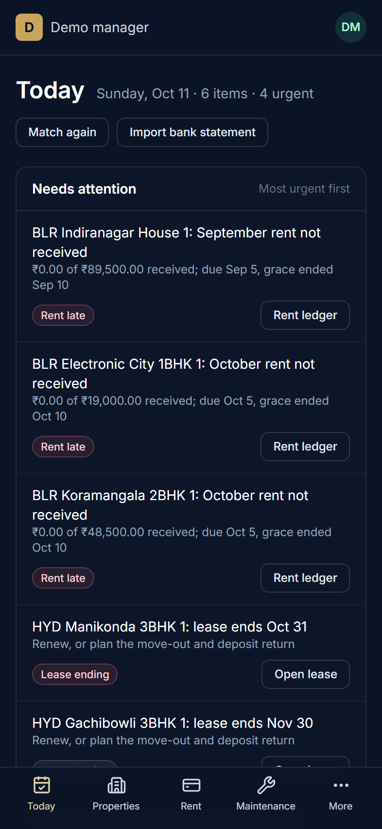 The Today screen on a phone: September and October rents not received for flats in Bengaluru, with amounts in rupees