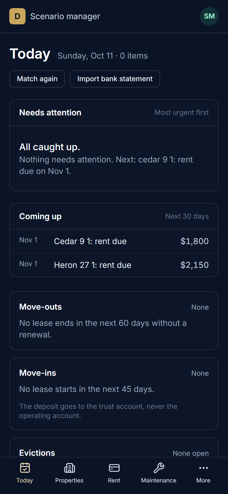 The Today screen on an iPhone: all caught up, rent coming due on Nov 1, move-outs and move-ins