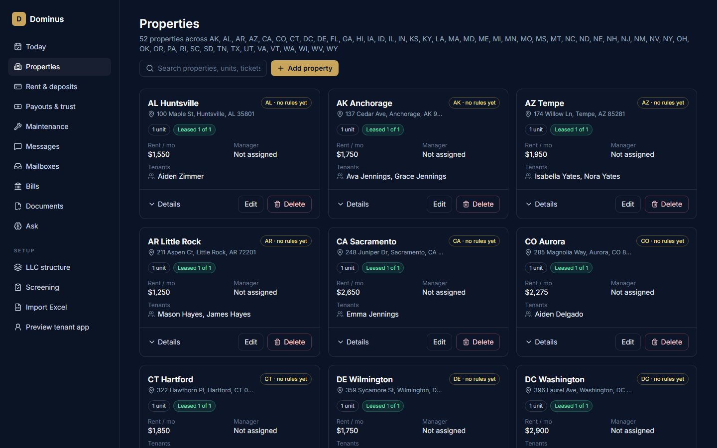 Properties: rentals across every US state, each card marked whether its state’s rules are loaded